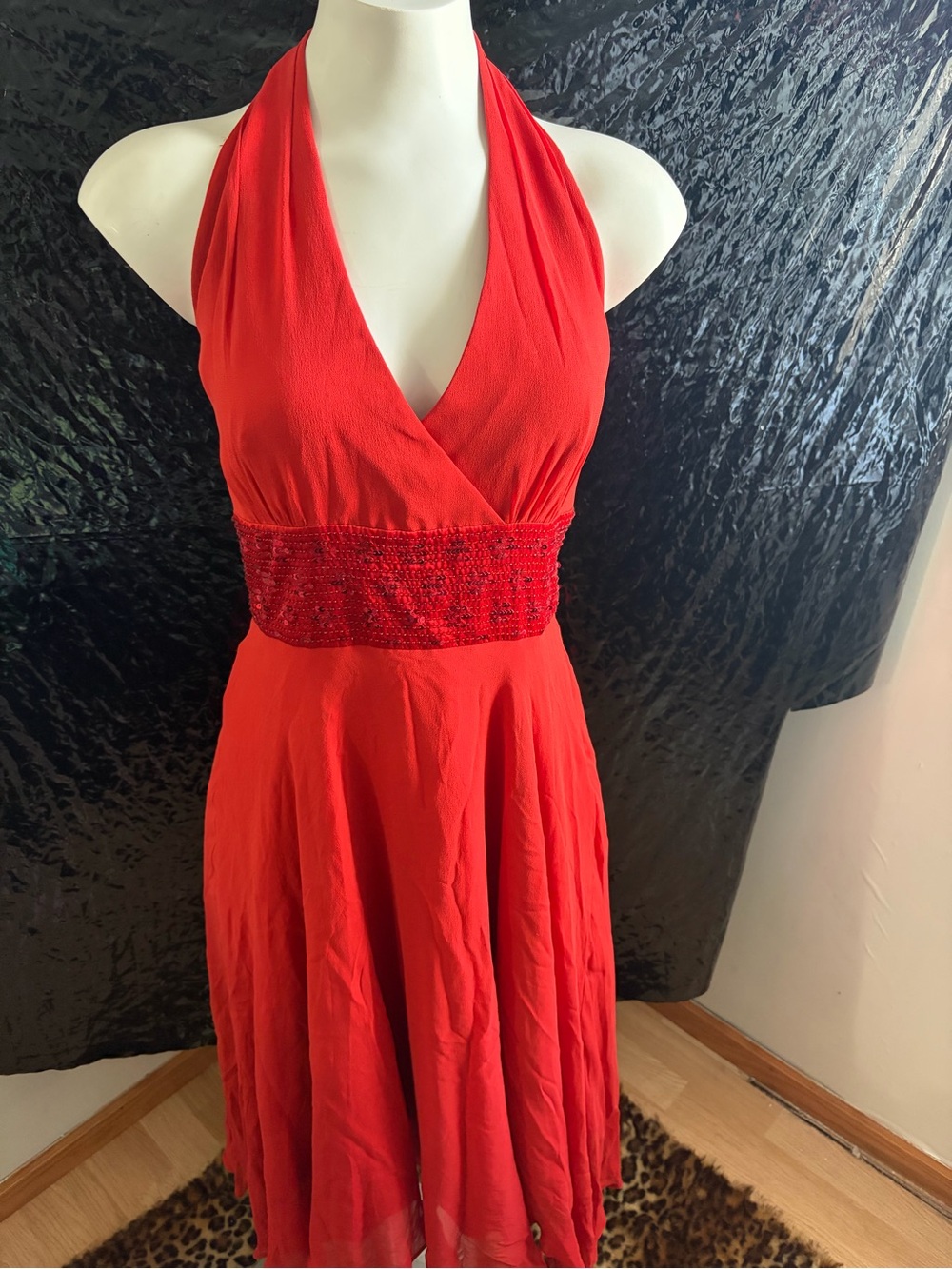 Donna Ricco Red halter Beaded Waist Dress